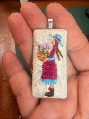Hand Embroidered Flower Market Girl Pendant Necklace | One of a Kind